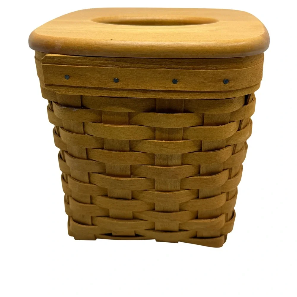 Longaberger 1997 Signed Tall Tissue Basket Wood Lid Burgundy Floral Liner